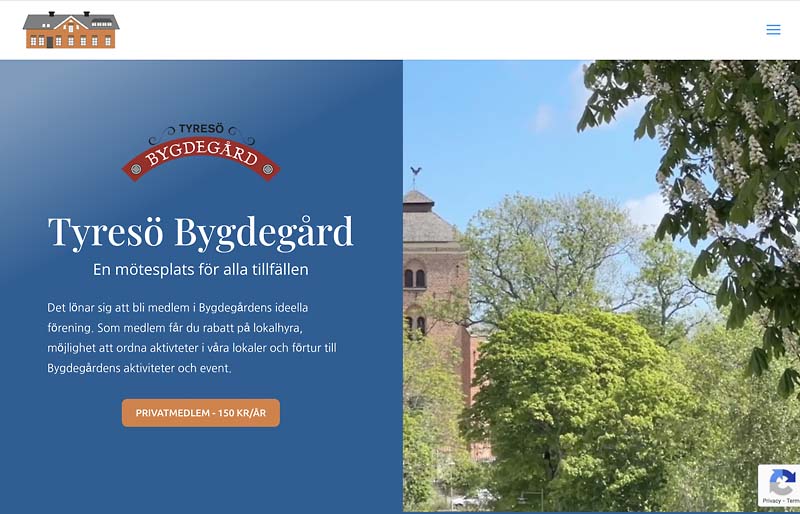 Bilden visar startsidan på Tyresö Bygdegårds hemsida som är utvecklad av Swedish webmaker