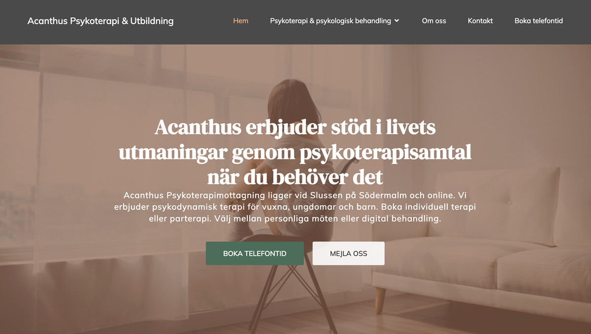 Acanthus_2025 Hemsida utvecklad av Swedish webmaker till Acanthus Psykoterapimottagnin, Slussen på Södermalm och online.